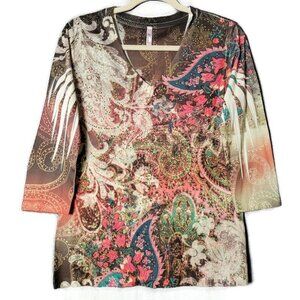 Kiara Womens Y2K Style Paisley Floral Boho Artsy Rhinestone 3/4 Sleeves Top S